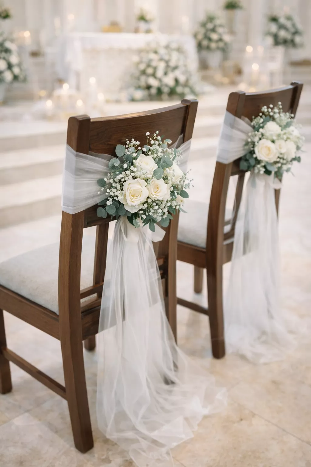 Kwiatowa dekoracja krzeseł weselnych